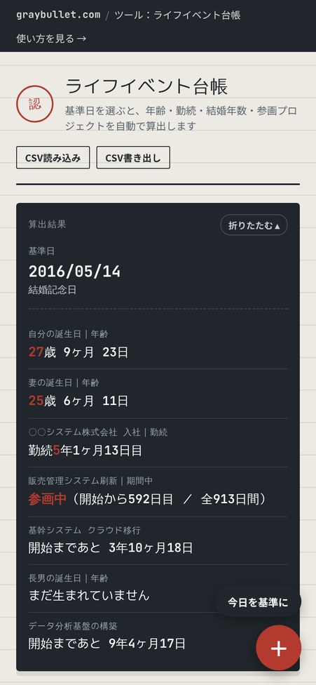結婚記念日を基準日にした算出結果の画面